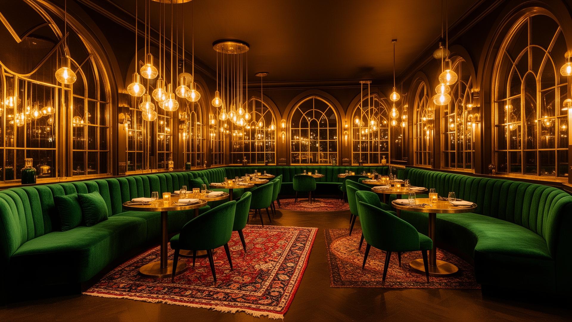 Interior of Nostalgia Lagos with warm lighting and arched windows